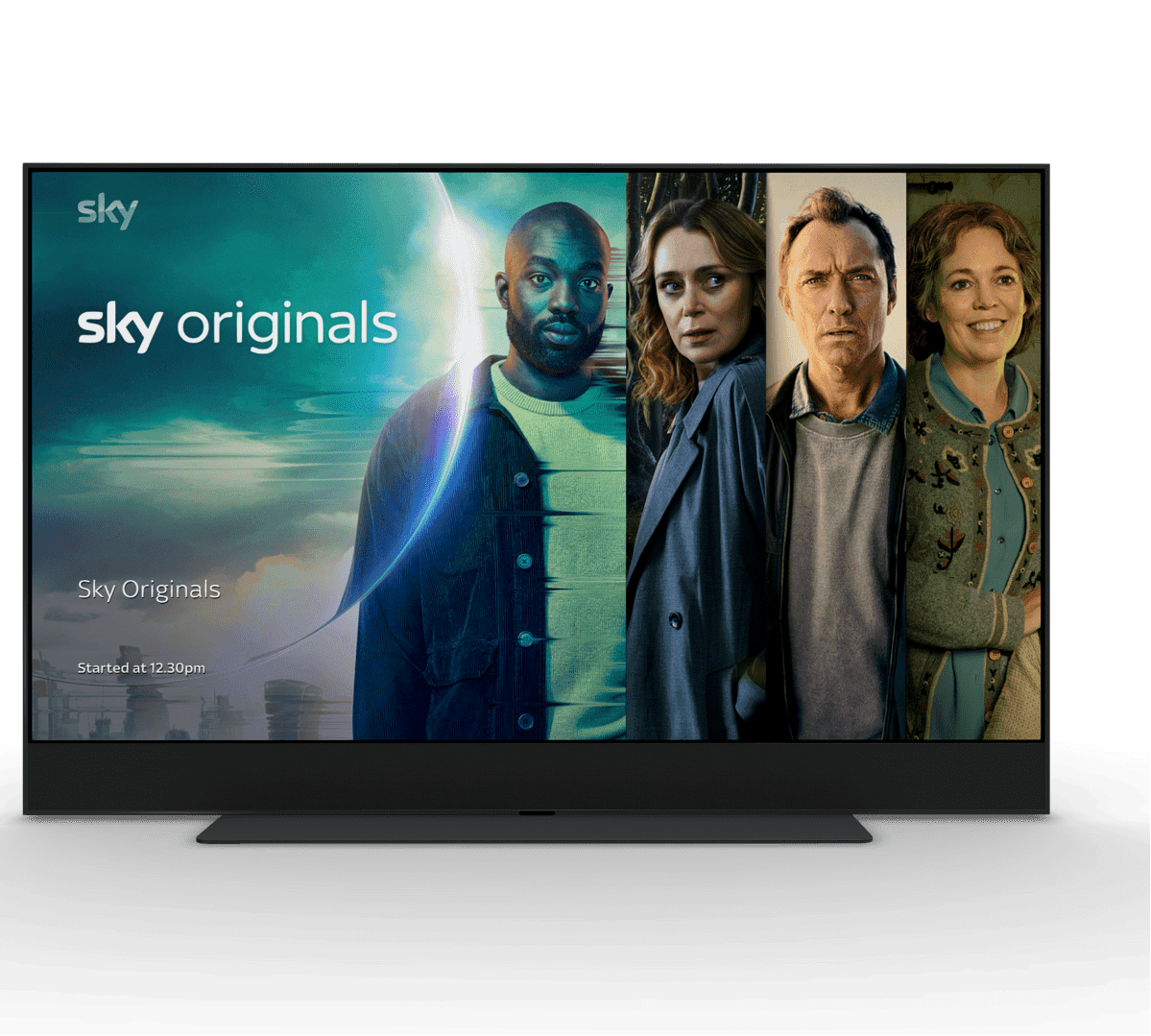 Smart TV displaying four characters under a “Sky Originals” banner with dramatic lighting.