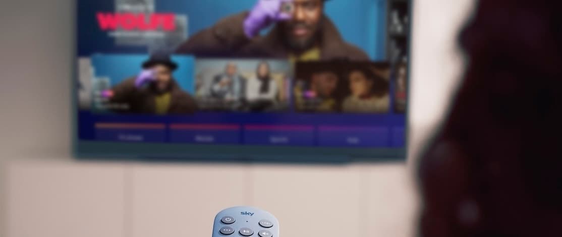 A Sky remote in hand, pointed at a television showing a streaming service interface with various show thumbnails.